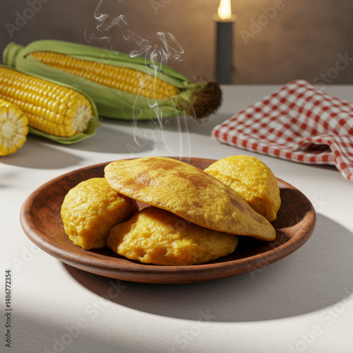 Traditional Brazilian Corn Cake on Rustic Plate with Steam Rising