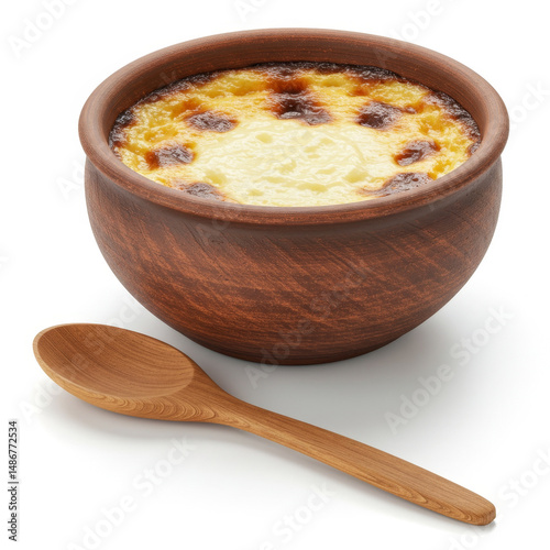 Traditional Rice Pudding Served in a Rustic Clay Bowl with Wooden Spoon