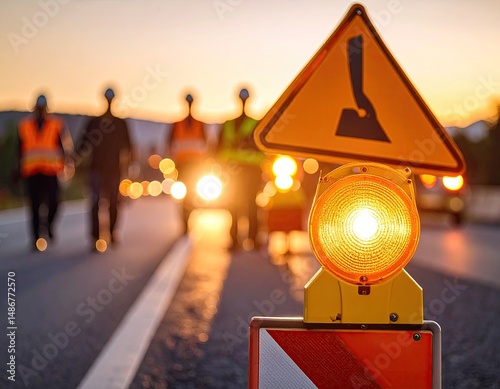 Close up view of an orange warning light with a road sign on a highway road. Blurry silhouettes of workers and traffic in the background at sunset.