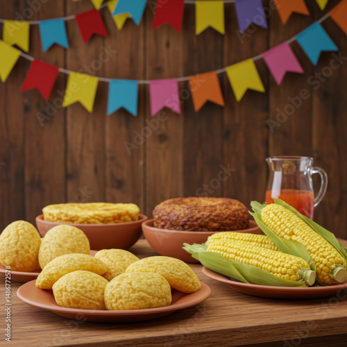 Colorful Festa Junina Food Display with Corn-Based Dishes and Decorations