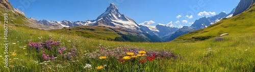 Alpine meadow with wildflowers and majestic mountains
