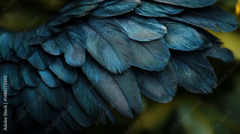 Obraz premium Close-up of layered teal bird wing feathers against blurred green