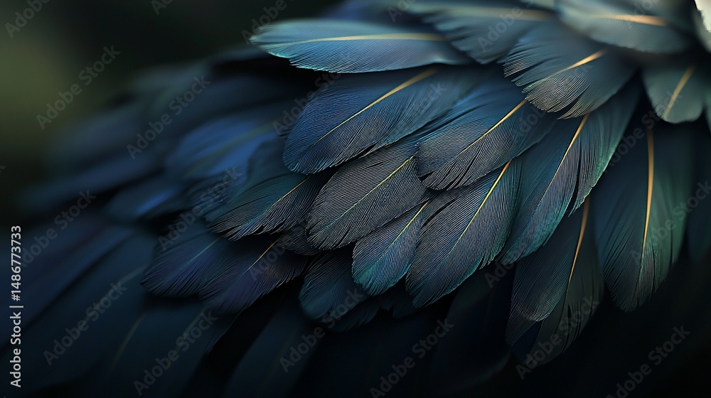 Fototapeta premium Close-up of vibrant, layered bird feathers in shades of blue & gold