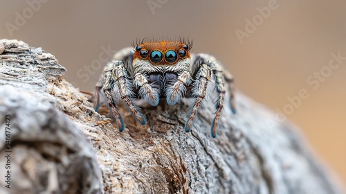 Close-up of a colorful jumping spider on wood. Distinctive blue eyes and detail