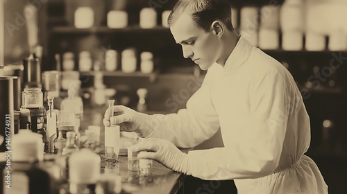 The discovery of penicillin, glowing in a vintage laboratory under dim lantern light, revolutionized modern medicine and opened the door to curing deadly bacterial infections. photo