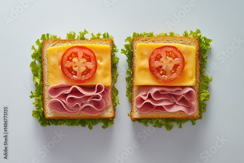 Two square sandwiches, each with sliced ham, cheese, tomato, and lettuce.  Arranged neatly on a light background