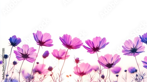 Delicate cosmos flowers in soft pastel hues against a white background.