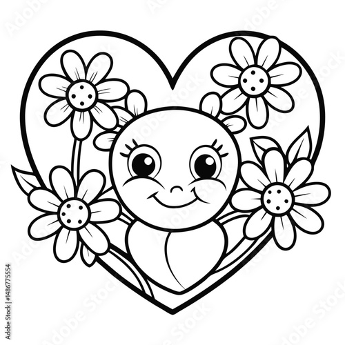 Cute Heart Flower Coloring Page: Printable Sun Face Design Coloring Page