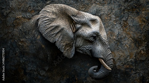 Elephant head sculpted from stone with detailed texture and realistic features