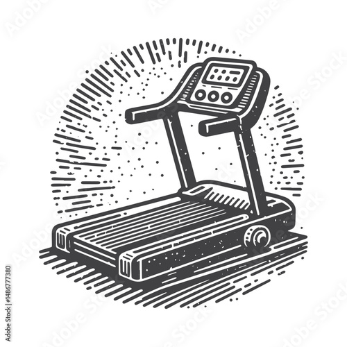 Vintage Hand-Drawn Gym with Treadmills Illustration – Fitness Equipment Engraved Style Vector for T-Shirts, Posters, Stickers, and Active Lifestyle Themes Apparel