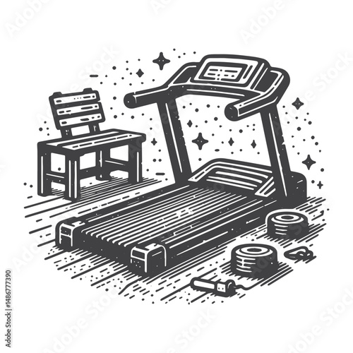 Vintage Hand-Drawn Gym with Treadmills Illustration – Fitness Equipment Engraved Style Vector for T-Shirts, Posters, Stickers, and Active Lifestyle Themes Apparel