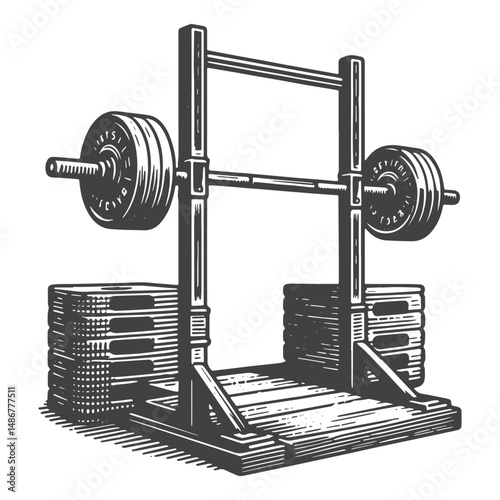 Vintage Hand-Drawn Gym with Weights Illustration – Strength Training Equipment Engraved Style Vector for T-Shirts, Posters, Stickers, and Active Lifestyle Themes Apparel