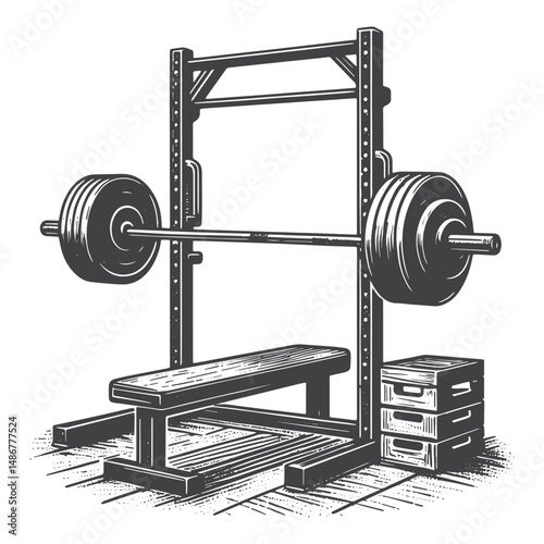 Vintage Hand-Drawn Gym with Weights Illustration – Strength Training Equipment Engraved Style Vector for T-Shirts, Posters, Stickers, and Active Lifestyle Themes Apparel