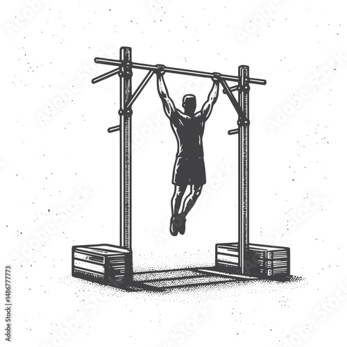 Vintage Hand-Drawn Gym with Pull-Up Bar Illustration – Strength Training Equipment Engraved Style Vector for T-Shirts, Posters, Stickers, and Active Lifestyle Themes Apparel