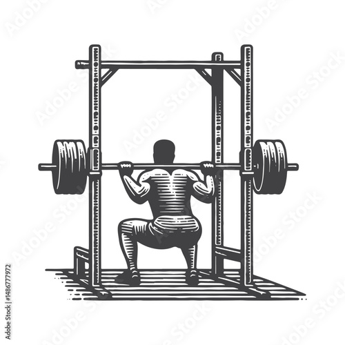 Vintage Hand-Drawn Gym with People Lifting Weights Illustration – Strength Training Scene Engraved Style Vector for T-Shirts, Posters, Stickers, and Active Lifestyle Themes Apparel