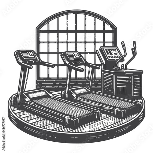 Vintage Hand-Drawn Gym with Treadmills Illustration – Fitness Equipment Engraved Style Vector for T-Shirts, Posters, Stickers, and Active Lifestyle Themes Apparel