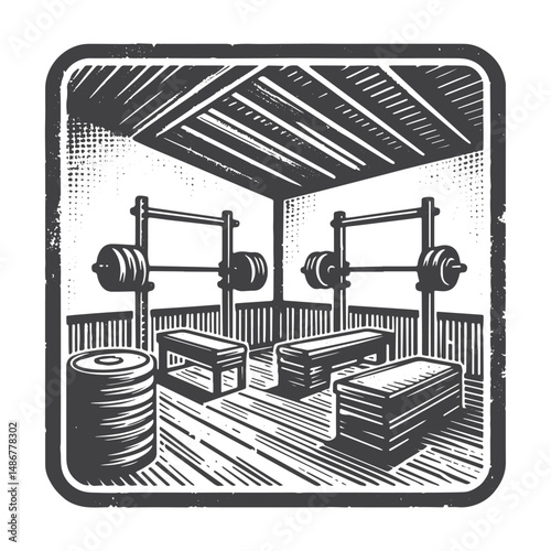 Vintage Hand-Drawn Gym with Weights Illustration – Strength Training Equipment Engraved Style Vector for T-Shirts, Posters, Stickers, and Active Lifestyle Themes Apparel photo