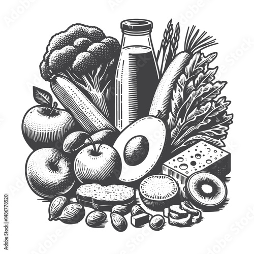 Vintage Hand-Drawn Healthy Eating Illustration – Nutritious Food Choices Engraved Style Vector for T-Shirts, Posters, Stickers, and Wellness Themes Apparel