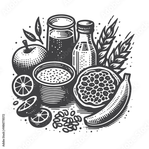 Vintage Hand-Drawn Healthy Eating Illustration – Nutritious Food Choices Engraved Style Vector for T-Shirts, Posters, Stickers, and Wellness Themes Apparel