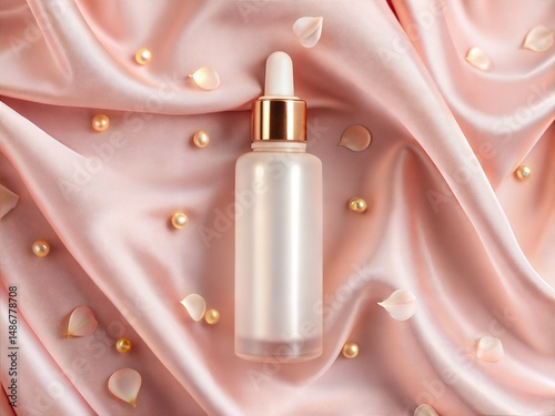 Mate serum dropper with rose-gold cap on a pink satin  with petals and sparkles background