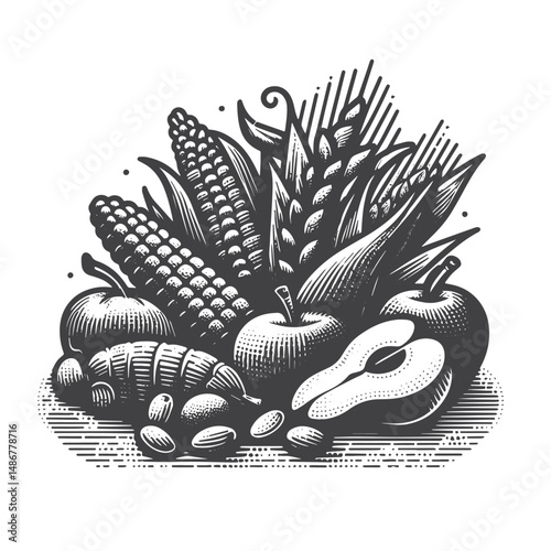 Vintage Hand-Drawn Healthy Eating Illustration – Nutritious Food Choices Engraved Style Vector for T-Shirts, Posters, Stickers, and Wellness Themes Apparel