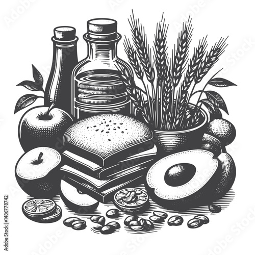 Vintage Hand-Drawn Healthy Eating Illustration – Nutritious Food Choices Engraved Style Vector for T-Shirts, Posters, Stickers, and Wellness Themes Apparel