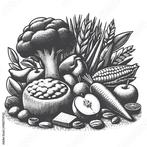 Vintage Hand-Drawn Healthy Eating with Vegetables Illustration – Nutritious Plant-Based Food Vector for T-Shirts, Posters, Stickers, and Wellness Themes Apparel