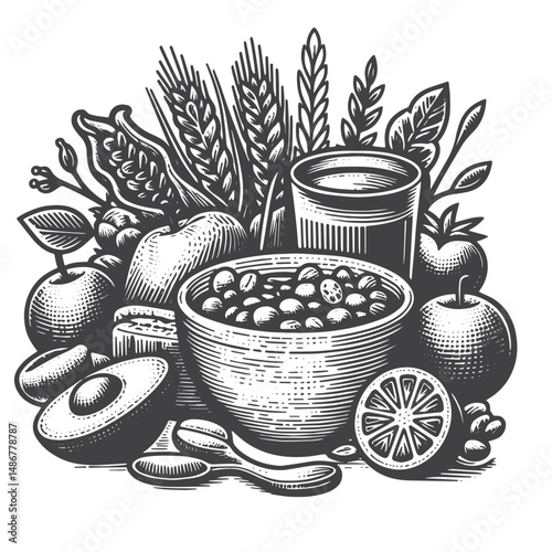 Vintage Hand-Drawn Healthy Eating with Vegetables Illustration – Nutritious Plant-Based Food Vector for T-Shirts, Posters, Stickers, and Wellness Themes Apparel