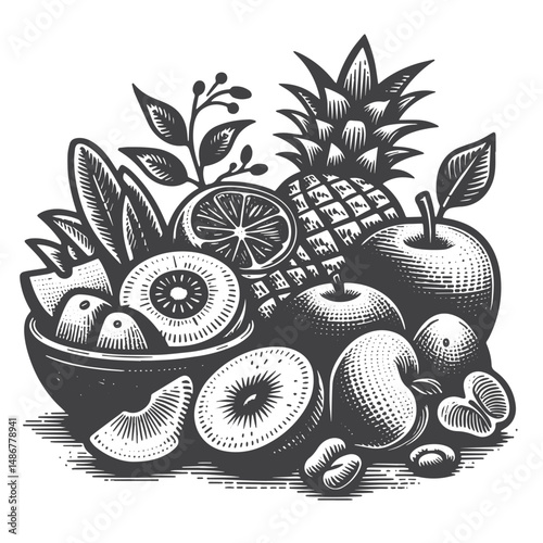 Vintage Hand-Drawn Healthy Eating with Fruits Illustration – Nutritious Fruit Choices Vector for T-Shirts, Posters, Stickers, and Wellness Themes Apparel