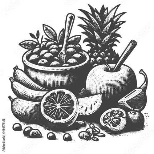 Vintage Hand-Drawn Healthy Eating with Fruits Illustration – Nutritious Fruit Choices Vector for T-Shirts, Posters, Stickers, and Wellness Themes Apparel