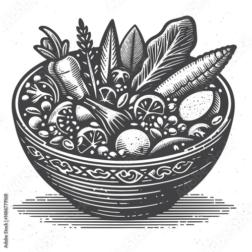 Vintage Hand-Drawn Healthy Eating with Salad Bowl Illustration – Fresh Salad Ingredients Vector for T-Shirts, Posters, Stickers, and Wellness Themes Apparel