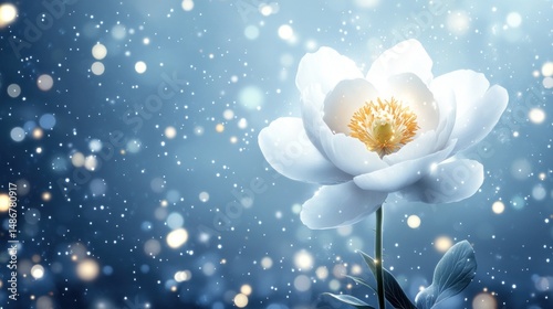 A luminous white peony flower in a dreamy winter scene.