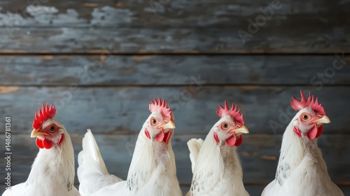 Group of four white chickens on wooden background