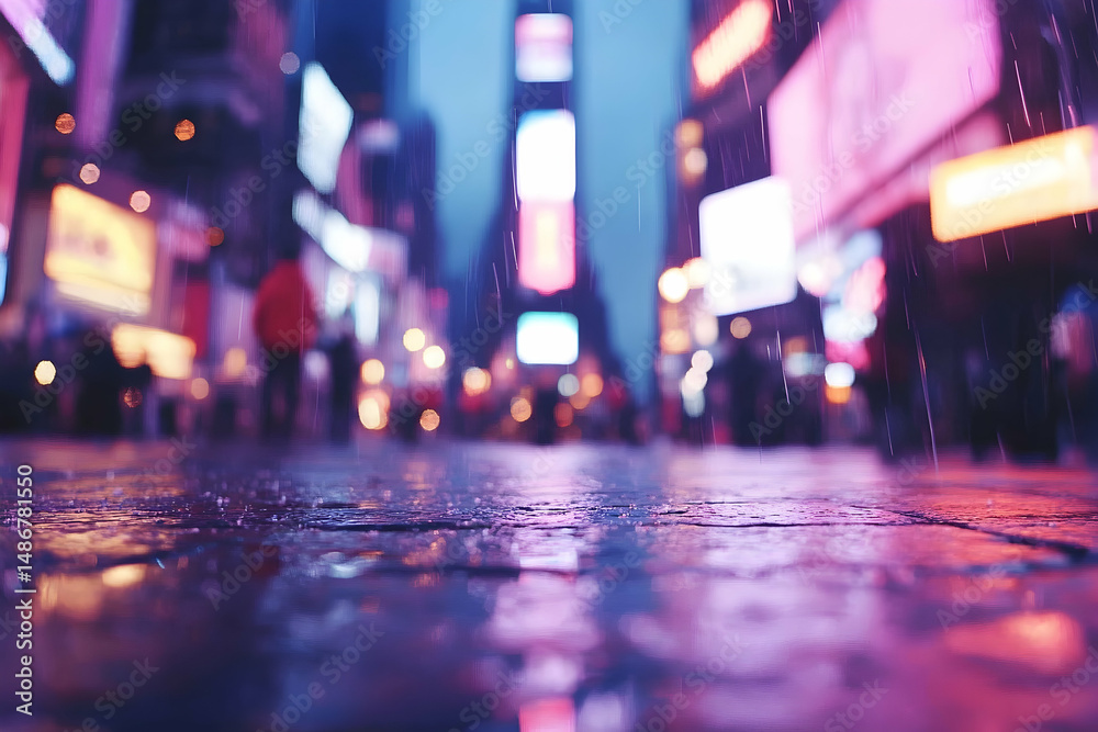 Fototapeta premium Rainy city street at night blurry background colorful lights