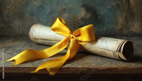 Education A rolled diploma tied with a yellow ribbon resting on the edge. High quality