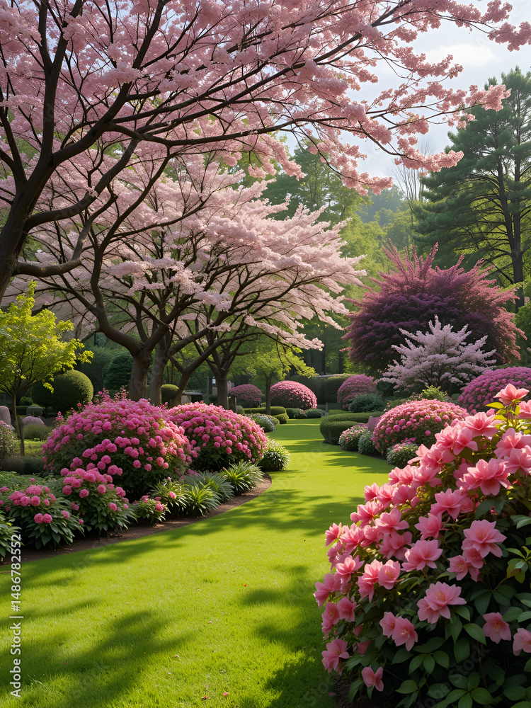 Obraz premium Beautiful Garden with blooming trees and bushes during spring time, England, Wales, UK, early spring flowering azalea shrubs, banner size