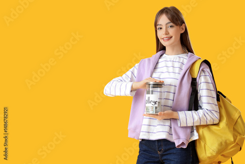 Female student with jar of money for college on yellow background. Education ...