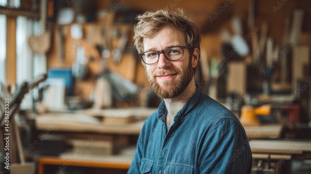 Obraz premium A portrait of a European male carpenter smiling in a workshop filled with tools and wood. The image captures the spirit of craftsmanship and dedication in a creative environment.