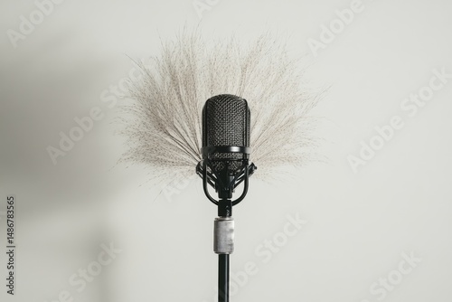 Studio microphone with light-colored, wispy elements radiating outward
