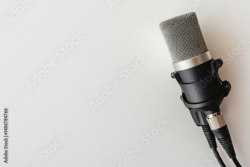 Studio microphone on white background.  Close-up view of a professional microphone with a silver mesh grille, black body, and attached cables