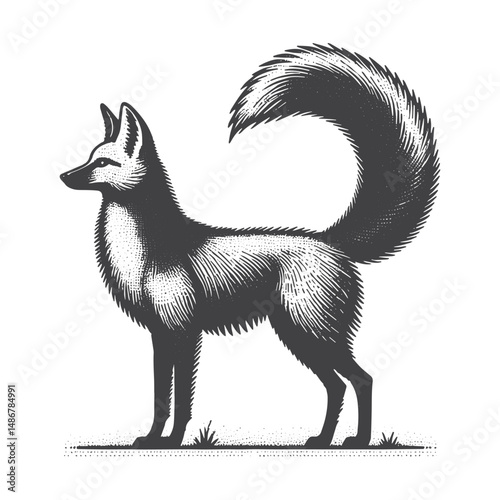 Vintage Hand-Drawn Maned Wolf with Bushy Tail Illustration – Wild Canine Engraved Style Vector for T-Shirts, Posters, Stickers, and Nature Themes Apparel