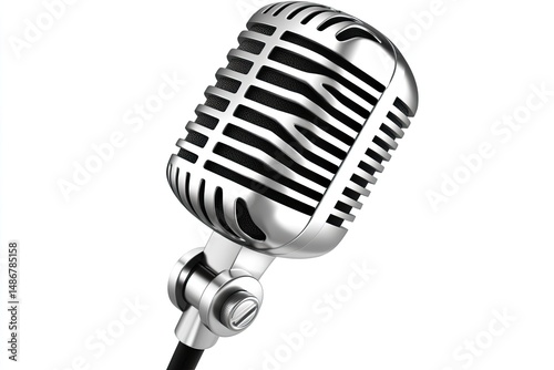 Retro microphone, metallic silver and black, angled view, isolated on white