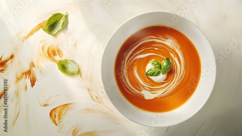 Fototapeta Naklejka Na Ścianę i Meble -  A bowl of tomato soup garnished with basil and cream