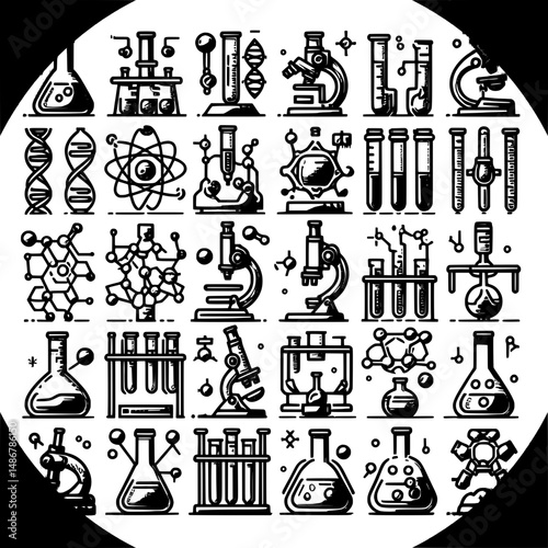 black and white icons for web ,A collection of laboratory line icons, each representing essential tools and concepts in scientific research and experimentation. The icons are designed in a clean, 
