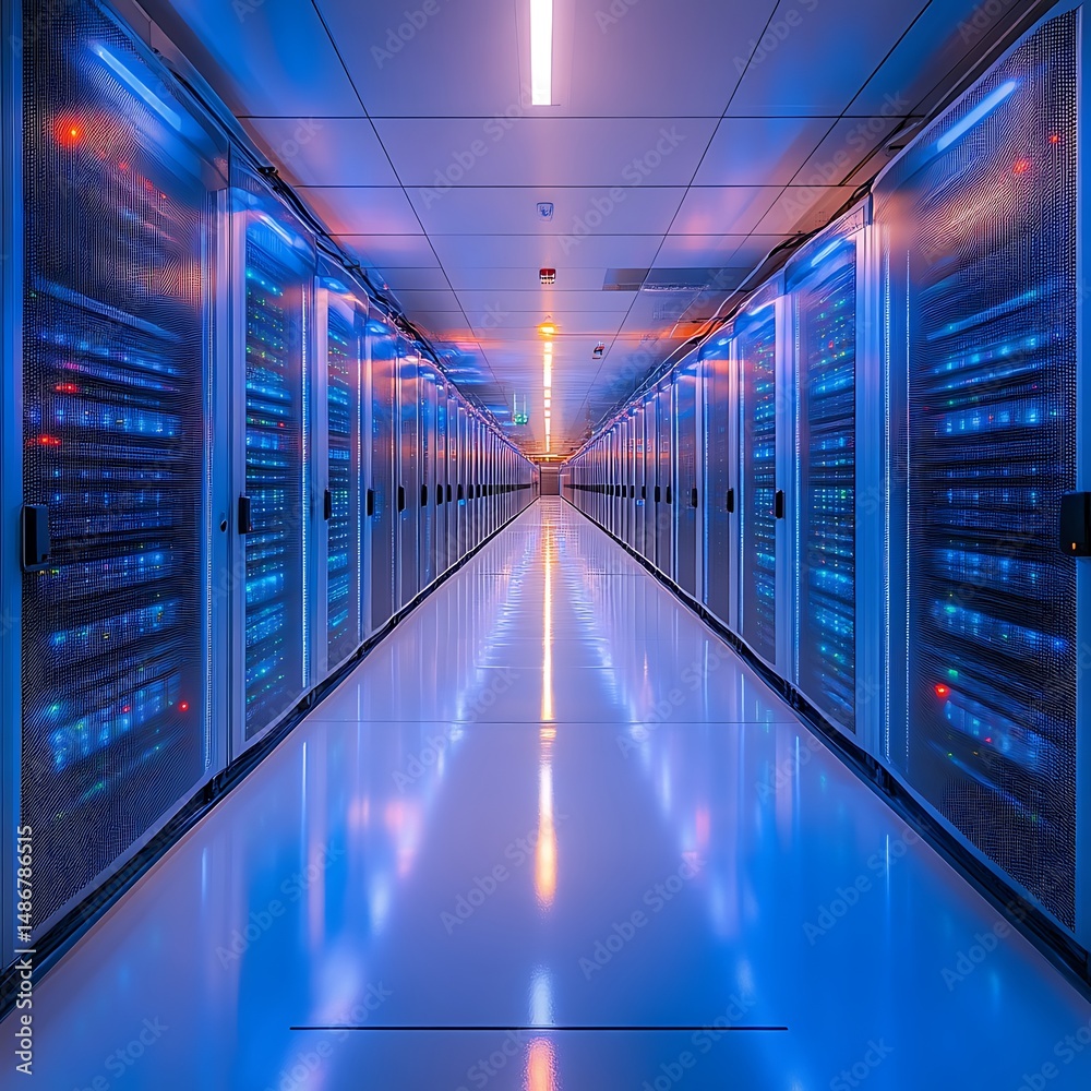 Fototapeta premium A long corridor of gleaming server racks in a modern data center, illuminated with vibrant blue and orange lighting