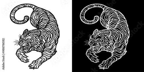 Growling tiger ready to pounce in black and white design