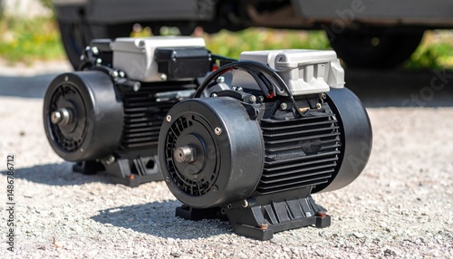 Two industrial electric motors black color on a textured concrete surface. Blurred background with green vegetation and a vehicle. The image focuses on the mechanics and industrial design