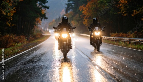 Two motorcyclists riding on a wet road through an autumn forest. Bright headlights illuminate the scene with rain droplets and bokeh effect on the surface and background.