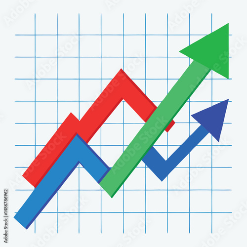 A blue arrow sharply trending upwards over fluctuating red and green lines on a grid with white background