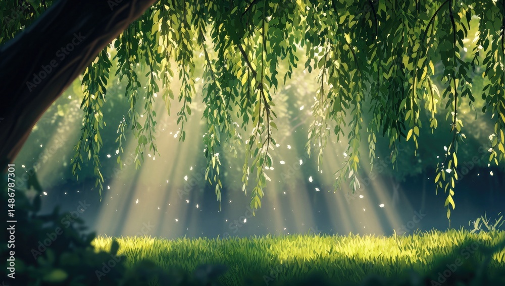 Fototapeta premium Sunlight streams through a lush, leafy canopy